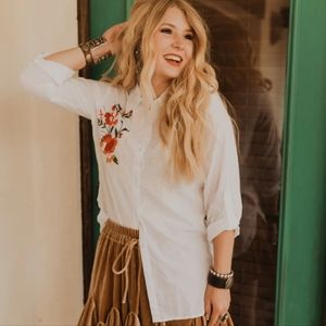 White Embroidered Button-Down Shirt - Women